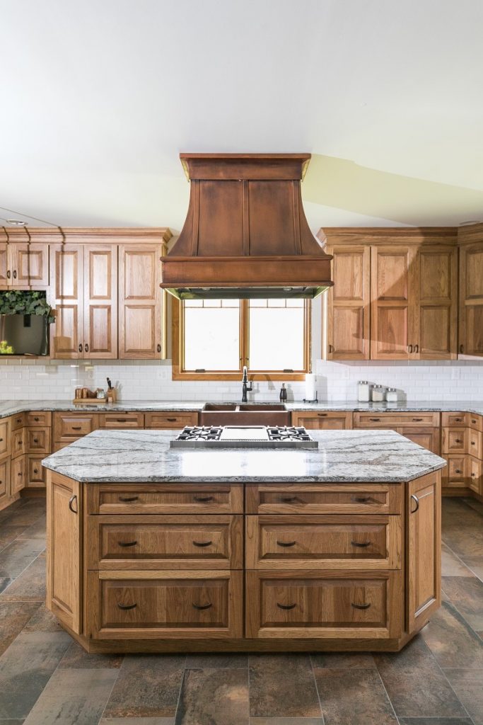 kitchen remodel with brown wooden cabinets