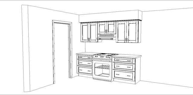 Jeff Walker kitchen rendering of cabinets and stove