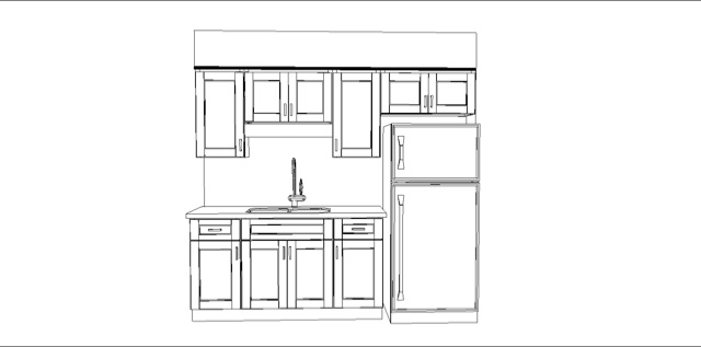 Jeff Walker kitchen rendering - straight view of cabinets, sink and refrigeration 