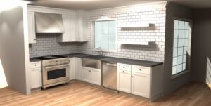 Concept photo for new kitchen with white cabinets, grey countertops and white subway tile backsplash
