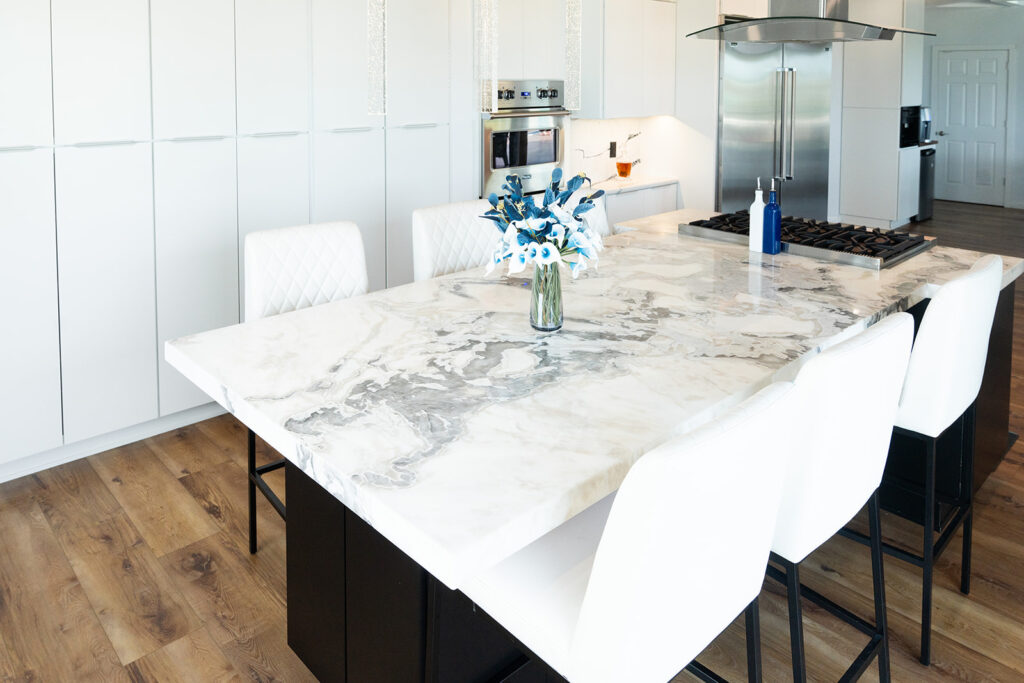 Black center island with seating for 8