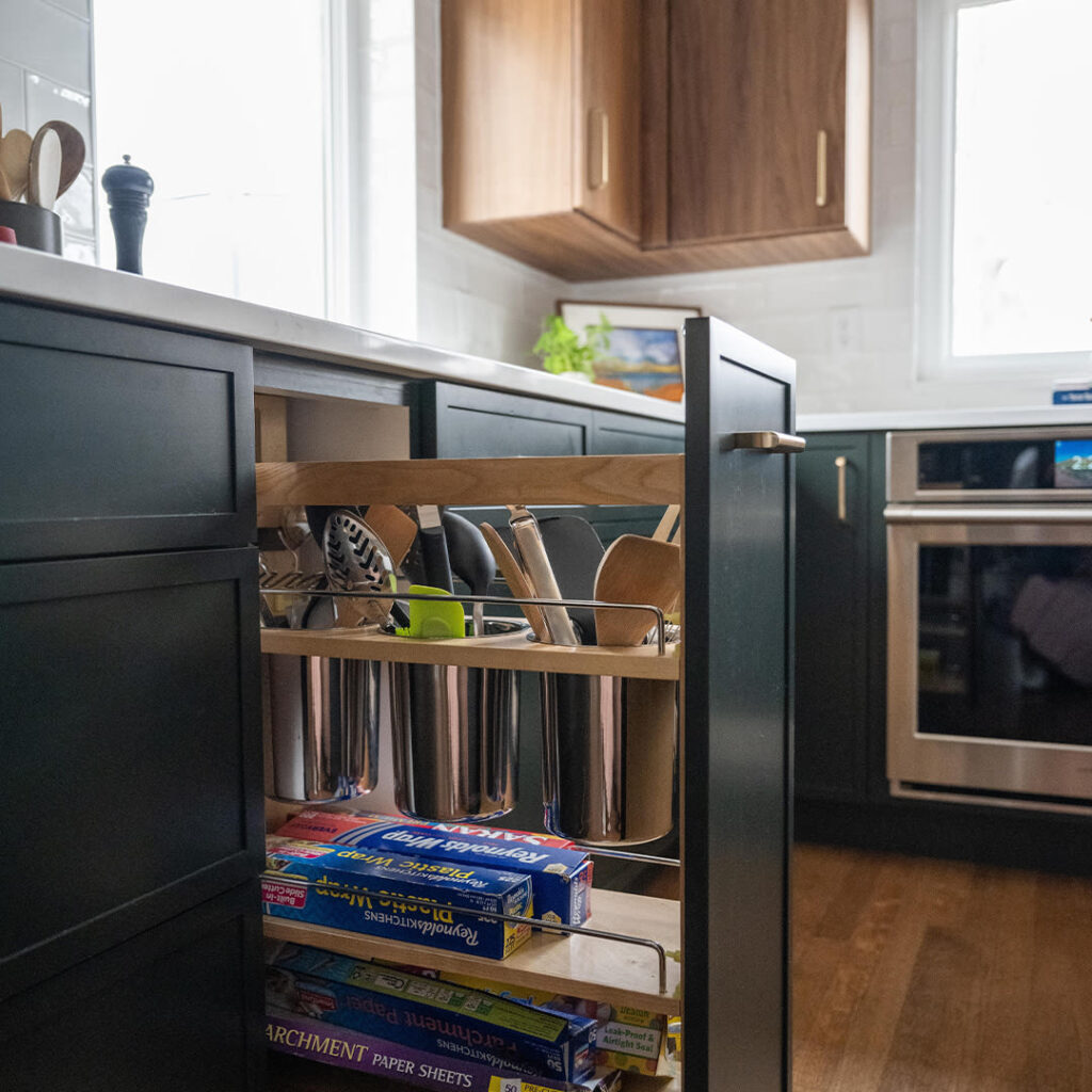 Utensil Organizer Drawer with Slim Shaker Cabinets from Showplace Cabinetry